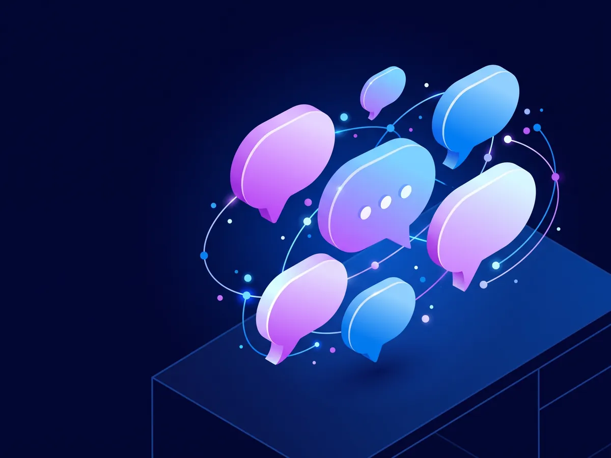 Ilustración isométrica de siete globos de conversación en tonos violeta y azul flotando sobre una plataforma oscura, con órbitas luminosas y un globo central con tres puntos.