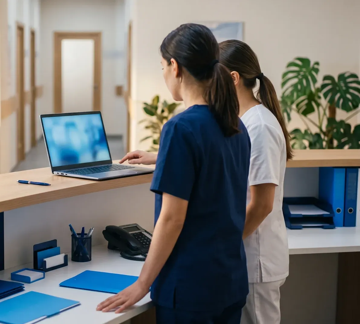 Dos profesionales sanitarias con uniforme azul y blanco consultan un portátil en el mostrador de recepción de una clínica luminosa. Imagen ilustrativa generada con IA.