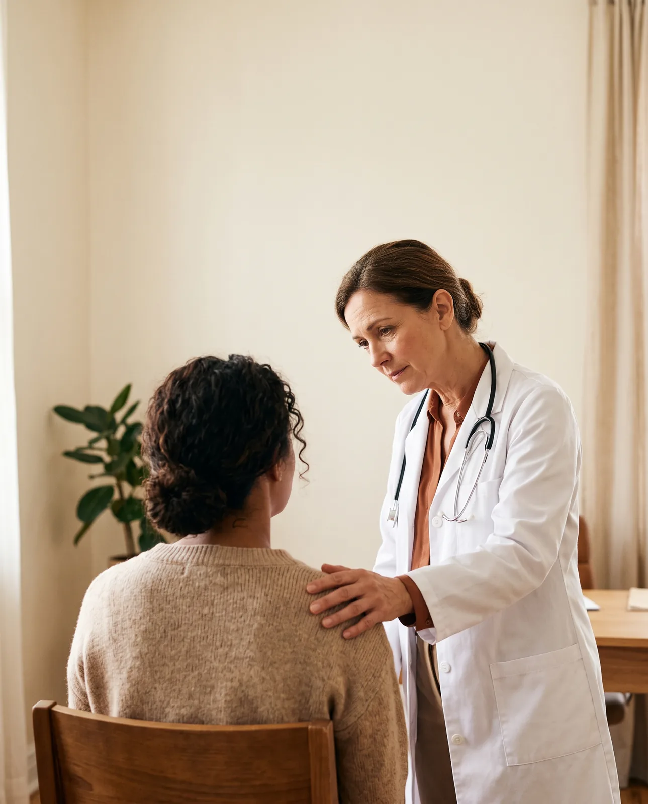 Una médica con bata blanca apoya la mano en el hombro de una paciente sentada, vista de espaldas, durante la consulta. Imagen ilustrativa generada con IA.