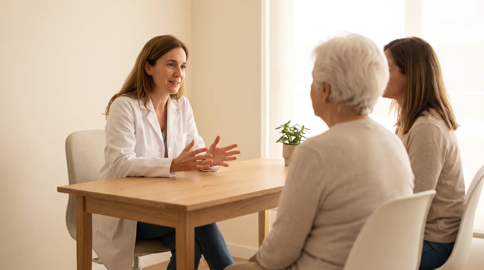 Médica explica con las manos abiertas a una paciente mayor y su acompañante. Imagen ilustrativa generada con IA.