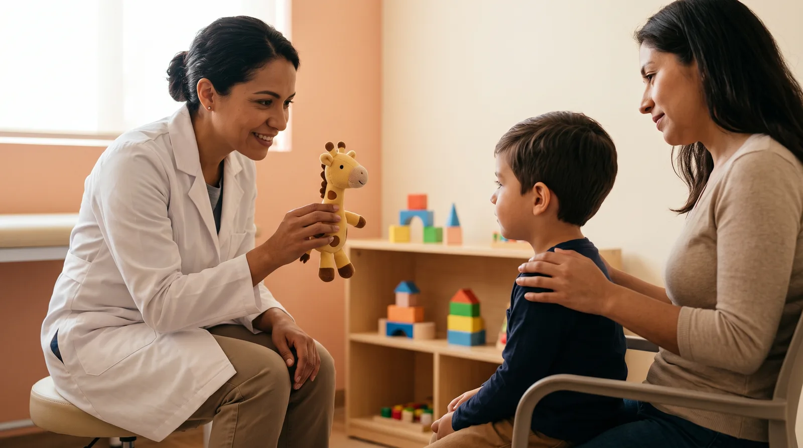 Pediatra muestra un peluche de jirafa a un niño junto a su madre. Imagen ilustrativa generada con IA.
