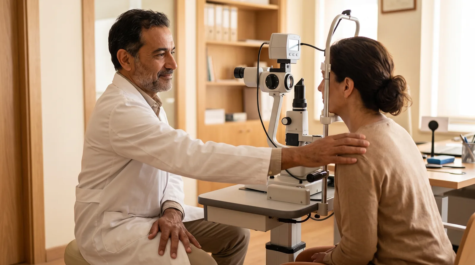 Médico de canas apoya la mano en el hombro de un paciente durante la exploración. Imagen ilustrativa generada con IA.